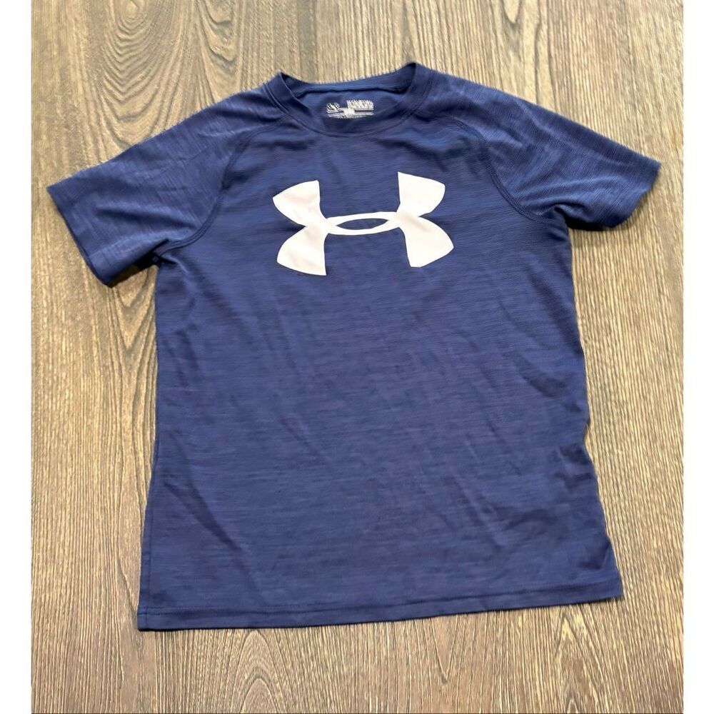 Under Armour Youth Boys HeatGear T-Shirt Short Sleeve Logo Print Blue Size M